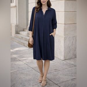 Vince Collard V-Neck Long Sleeve Navy Popover Flowy Midi Dress Pockets medium